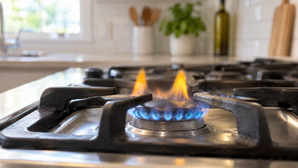 A close-up of a gas burner flame burning with a lazy yellow tip instead of a clean blue cone
