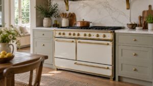 A large enameled French range with brass trim standing in a country kitchen with its oven doors closed
