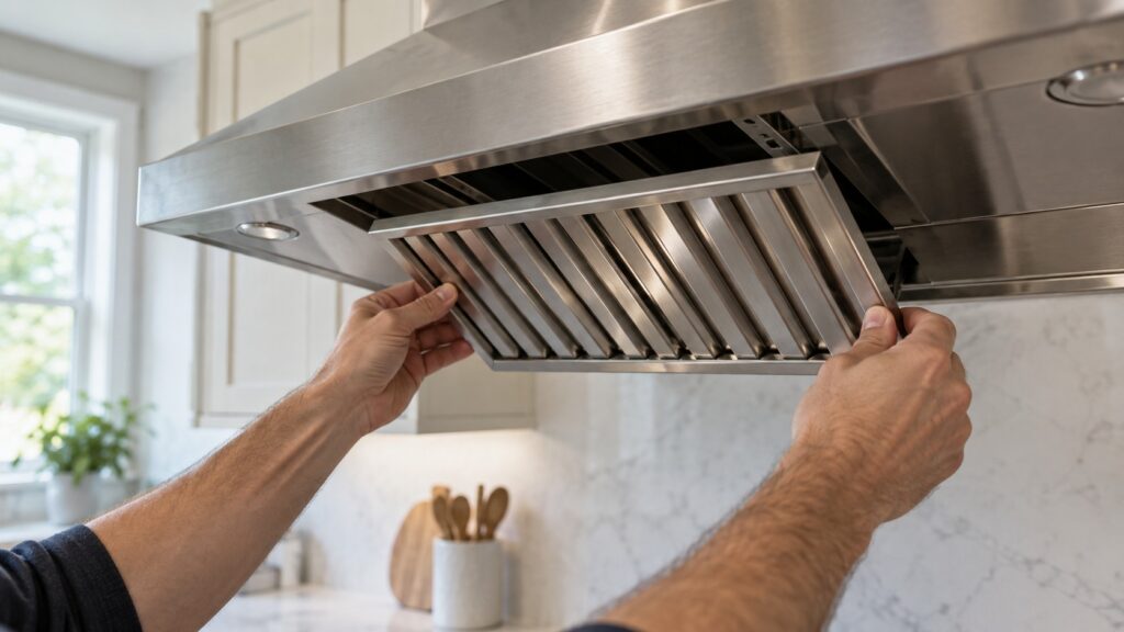 Hands sliding a metal baffle filter out of the underside of a kitchen range hood