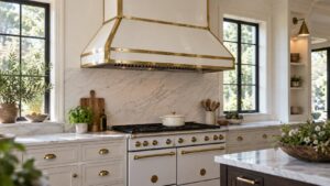 A large enameled range hood with brass trim mounted above a French range in a traditional kitchen