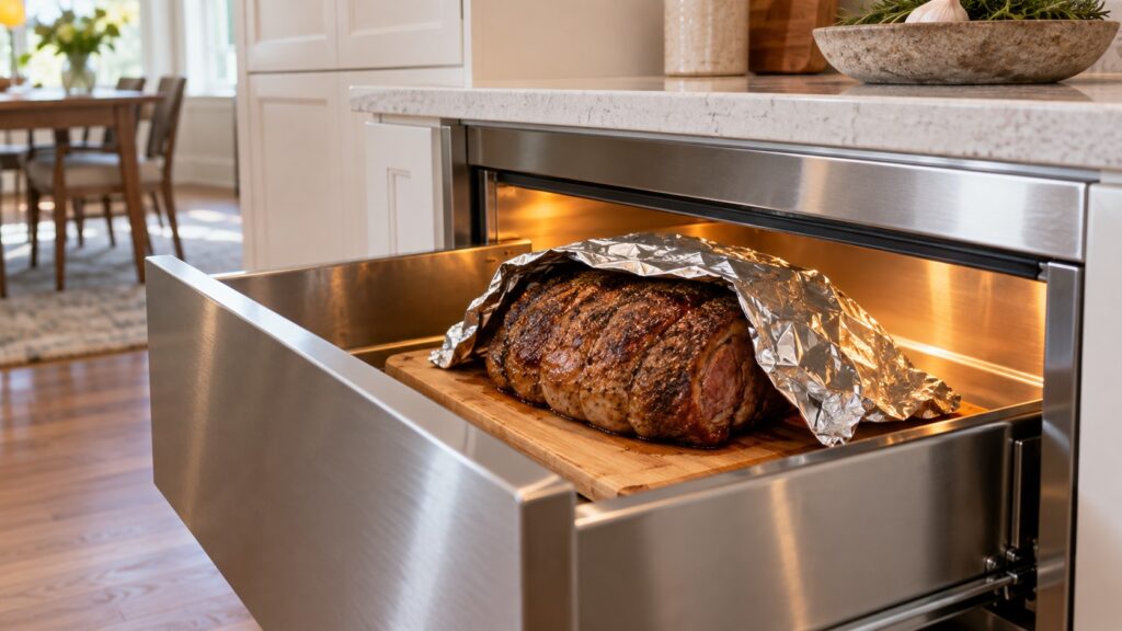 A roast joint of meat resting on a board inside a warm drawer with a loosely tented sheet of foil over it