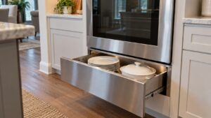 An open warming drawer beneath a built-in oven holding stacked white dinner plates and a covered serving dish