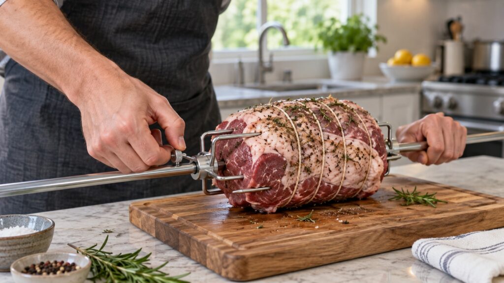 Hands tightening the fork on a rotisserie spit around a trussed joint of meat on a kitchen counter