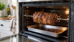 A trussed joint of meat mounted on a rotisserie spit inside an oven cavity with a drip tray beneath it