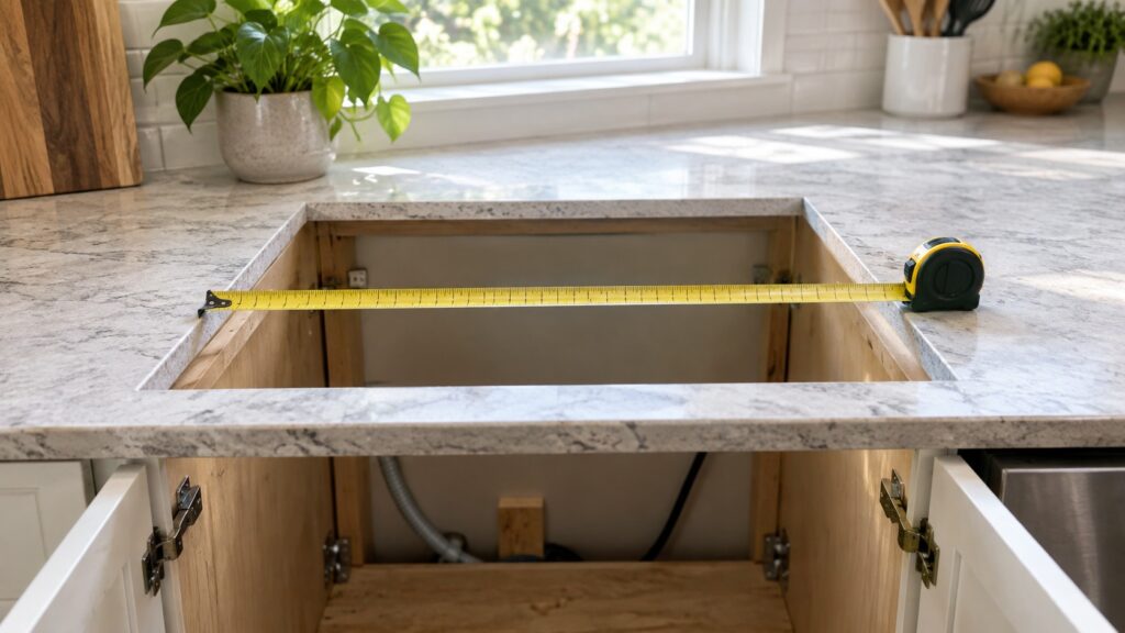 A rectangular cut-out in a stone countertop with a tape measure laid across it and open cabinetry visible below