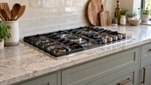 A professional gas rangetop with heavy cast iron grates seated flush in a stone kitchen counter with no oven below