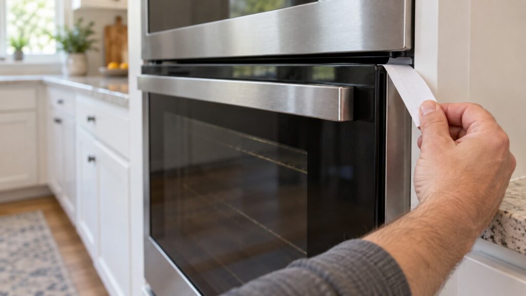 A strip of paper being pulled from between a closed oven door and its frame at the corner