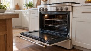 A heavy enameled oven door standing open in the horizontal position on a French range