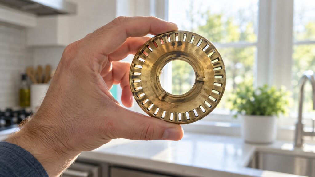 A brass gas burner crown held up against a window with daylight showing through its slots