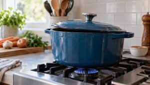 A heavy enameled cast iron pot sitting over a small steady blue gas flame with the lid slightly ajar