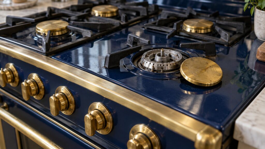 Close view of the brass control knobs and burner caps on the top of a blue enameled French range, with one cap lifted aside