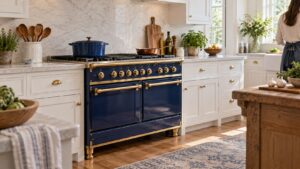 A deep blue enameled freestanding La Cornue CornuFe 90 Albertine range with brass trim standing in a bright American kitchen