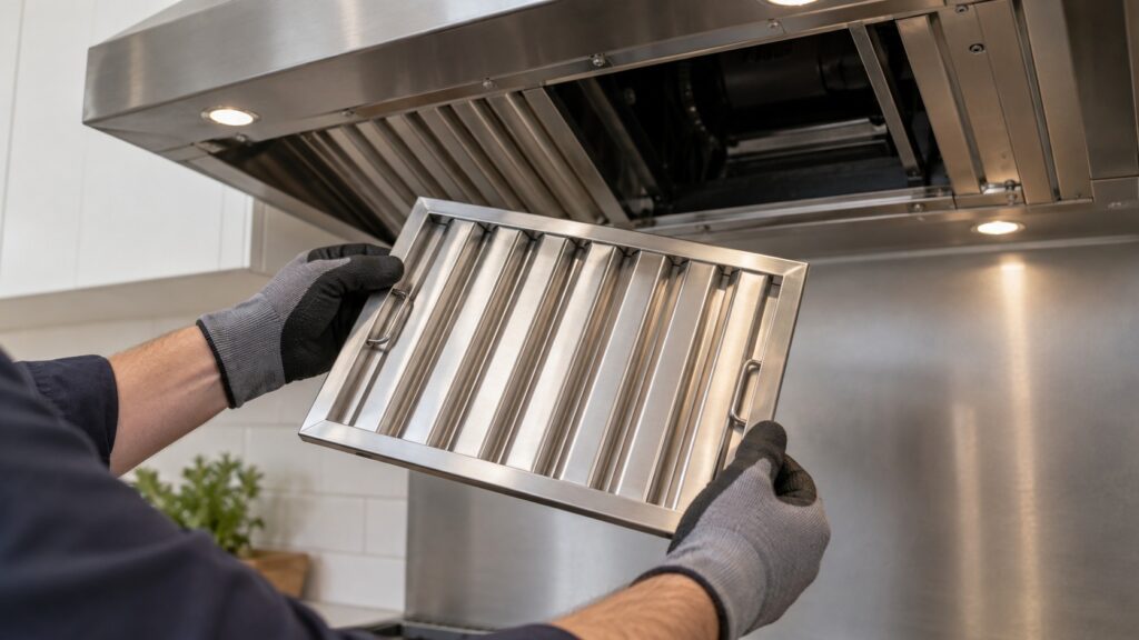 A stainless steel baffle filter held in gloved hands beside the open underside of a range hood canopy