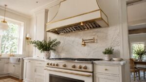 A matched enameled canopy range hood with brass trim mounted above a French range, seen from below in a bright kitchen