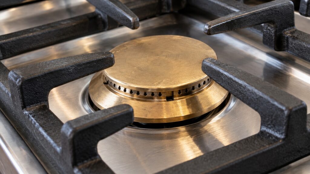 Close view of a single heavy brass gas burner with its cap and cast grate on a stainless rangetop surface