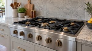 A stainless steel professional gas rangetop with heavy brass burners set into a stone counter in an American kitchen