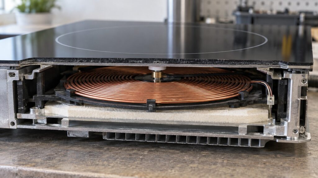 A cutaway diagram of an induction cooking zone showing the coil, the ceramic glass above it and the temperature sensor at the center