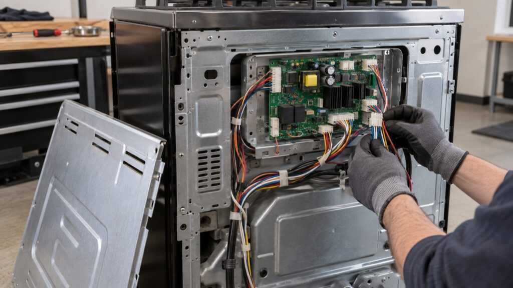 The rear service panel of a range removed to show the electronic control board and its wiring harness connectors