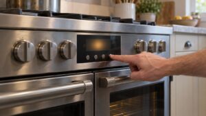 The control panel of a French range oven with a lit display and a hand pressing a button that produces no response