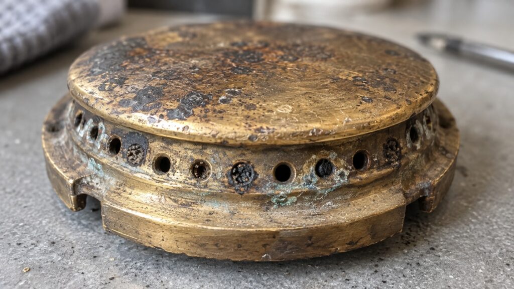 Close view of a brass burner cap and its crown showing corrosion marks and blocked flame ports