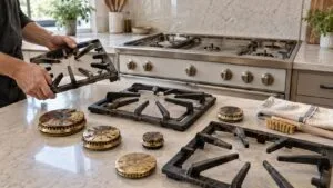 Cast iron grates and brass burner caps from a French range lifted off and laid out on a kitchen counter for cleaning