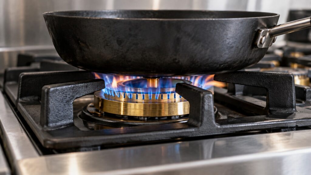 A close-up of a heavy-duty brass burner and grate on a professional-style gas rangetop, flame visible beneath a pan