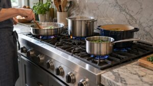 A professional-style gas rangetop with heavy-duty burner grates in a high-end kitchen, multiple pots cooking at once over visible flame