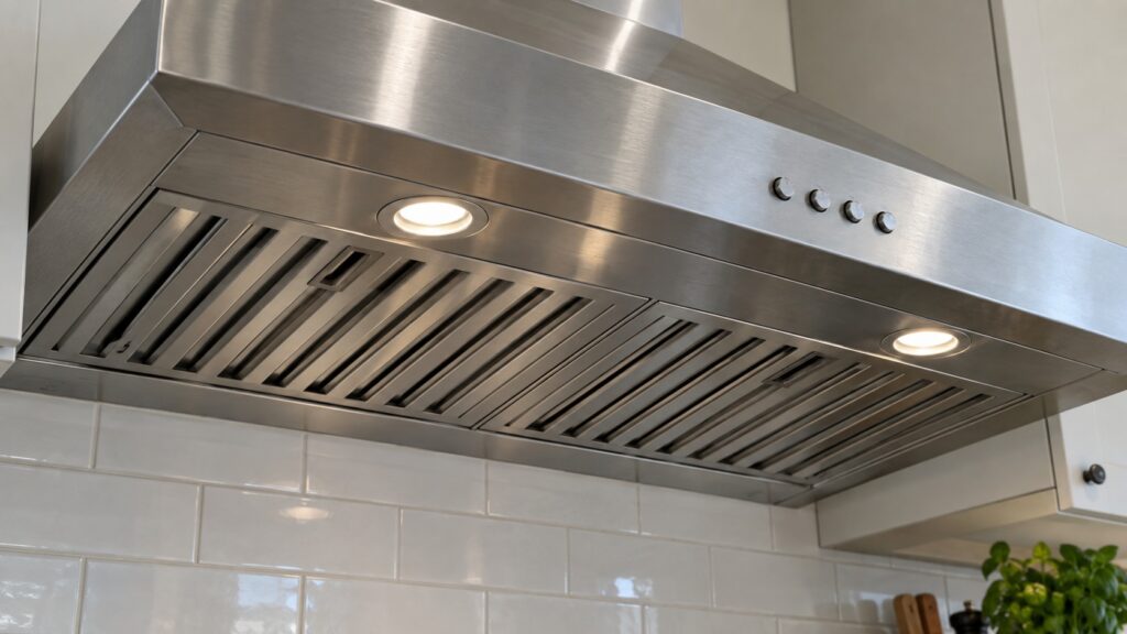 A close-up of the underside of a range hood showing baffle filters and control buttons