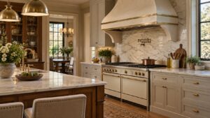 A luxury kitchen showing an ornate curved range hood above a professional-style range with brass and enamel finishes