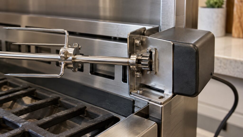 A close-up of a rotisserie spit rod and its motor-driven gear mechanism at the side of a range top module