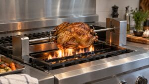 A whole chicken turning on a rotisserie spit built into a professional-style range top, visible flame beneath it