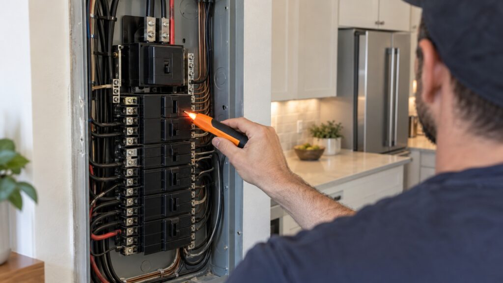 A close-up of an electrician checking a labeled electrical panel with a dedicated high-amperage circuit breaker near a kitchen installation