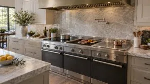 A wide, multi-module luxury range with induction, grill, and French top sections visible, installed in a spacious high-end kitchen
