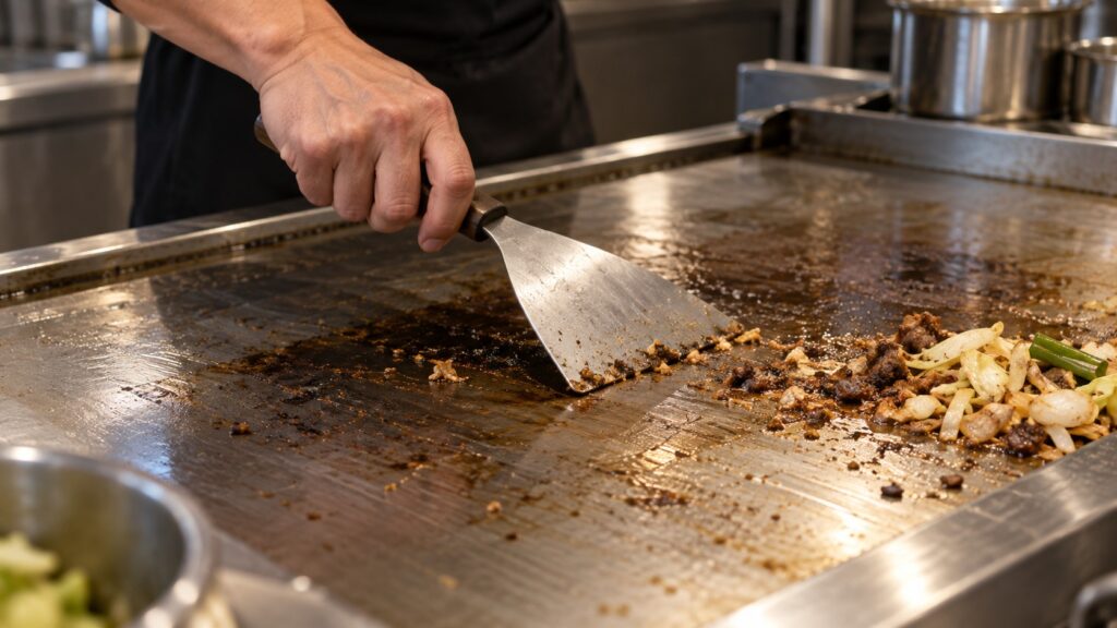 A hand using a flat metal scraper on a warm teppanyaki griddle plate, food residue being cleared to one side