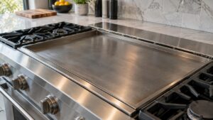 A flat teppanyaki griddle plate built into a professional-style range top, clean and ready to cook, kitchen visible around it