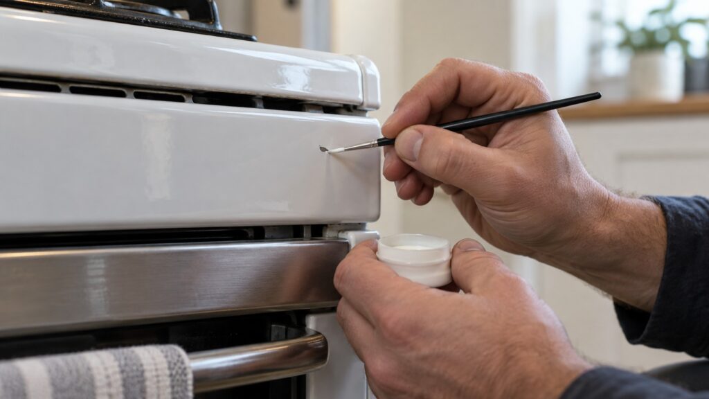 A technician's hands applying a color-matched touch-up compound to a small chip on an enamel range panel with a fine brush