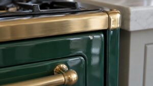 A close-up of a glossy colored enamel range body panel with a small visible chip near the edge, brass trim nearby