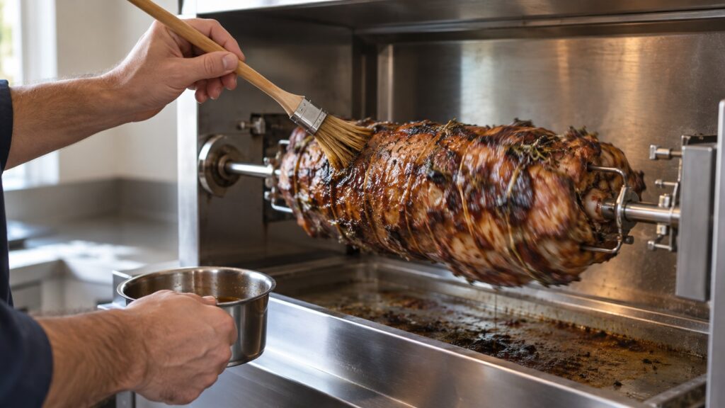 A hand basting a roast turning on a rotisserie spit with a long-handled brush while the spit continues rotating