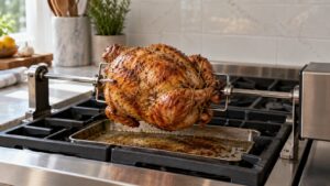 A well-trussed whole chicken turning evenly on a rotisserie spit built into a range top, golden brown and evenly cooked