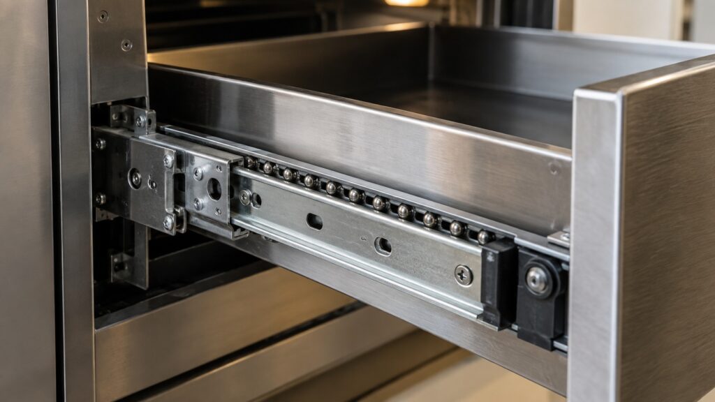 A close-up of a metal drawer slide mechanism at the side of an open warming drawer, showing the track and rollers