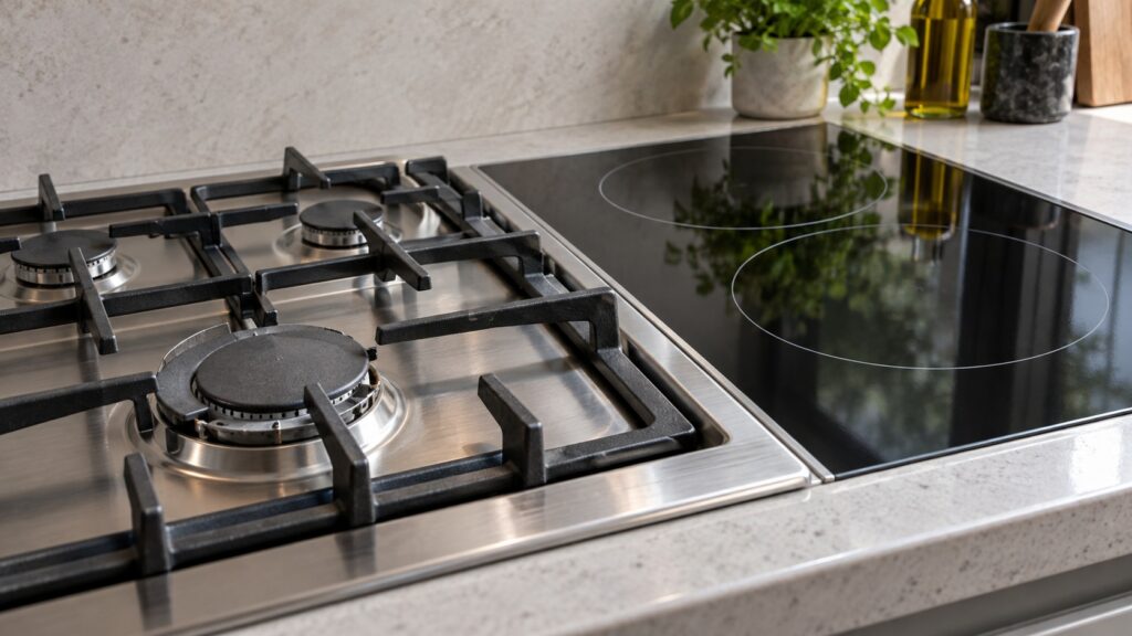 Two cooktop sections in close-up, one with gas burners and one with a smooth induction surface