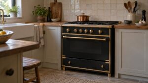 A compact French range with brass trim in a small kitchen with a tiled wall