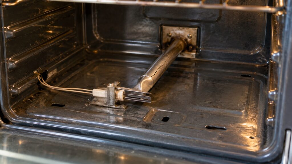 An oven igniter and burner tube seen on the floor of an open oven cavity