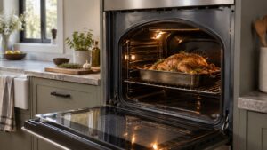 A vaulted oven open in a kitchen with a roasting pan on the rack