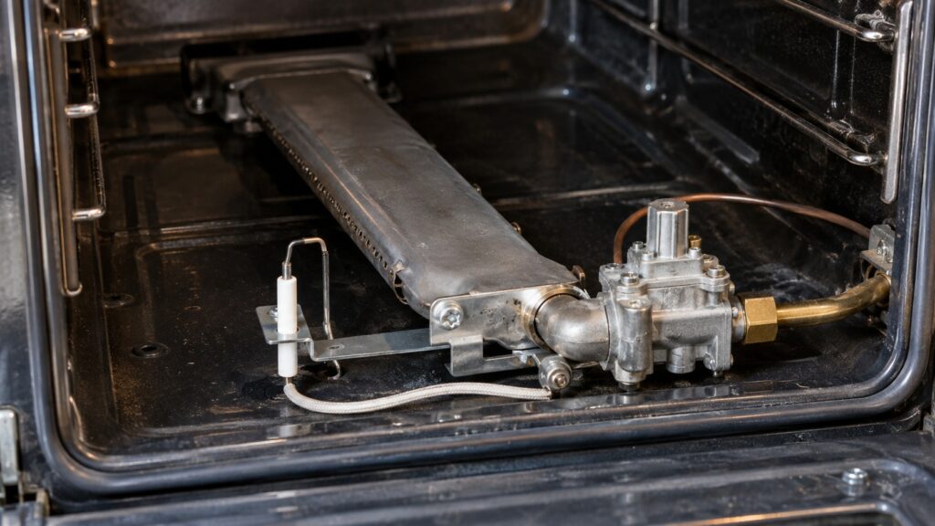 A gas safety valve and an igniter assembly at the floor of an oven