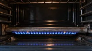 A gas flame burning beneath an oven burner tube in a dark oven cavity