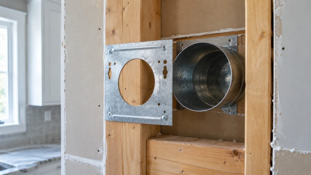 A hood mounting plate fixed to a wall stud beside a round duct opening
