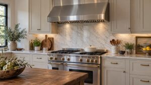 A stainless range hood mounted above a French range in a kitchen