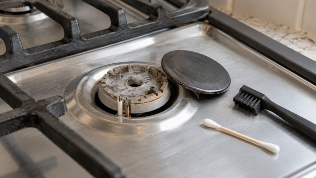 A burner cap lifted off a gas burner beside a small brush and a cotton swab