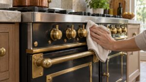 A French range with brass details being wiped by hand with a soft cloth